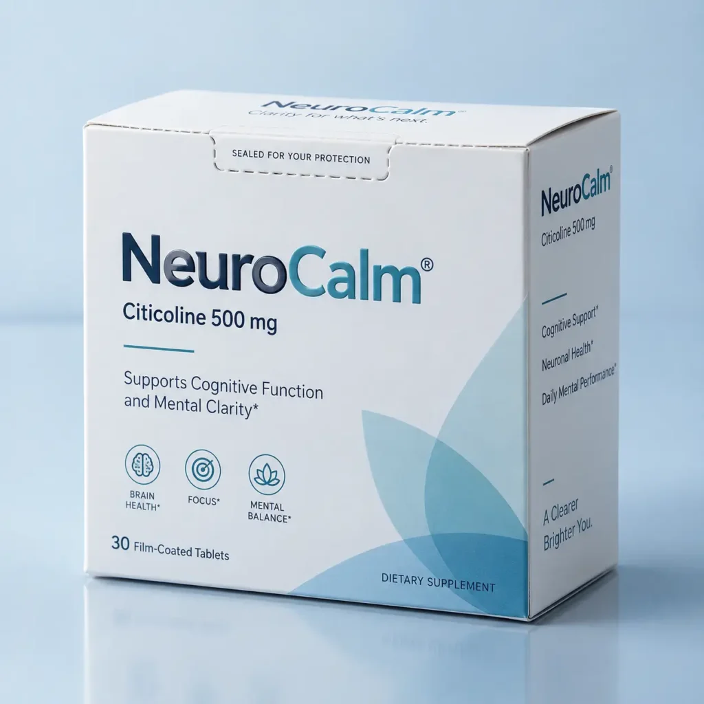 NeuroCalm citicoline 500mg dietary supplement box, white and teal packaging, 30 film-coated tablets, cognitive support product