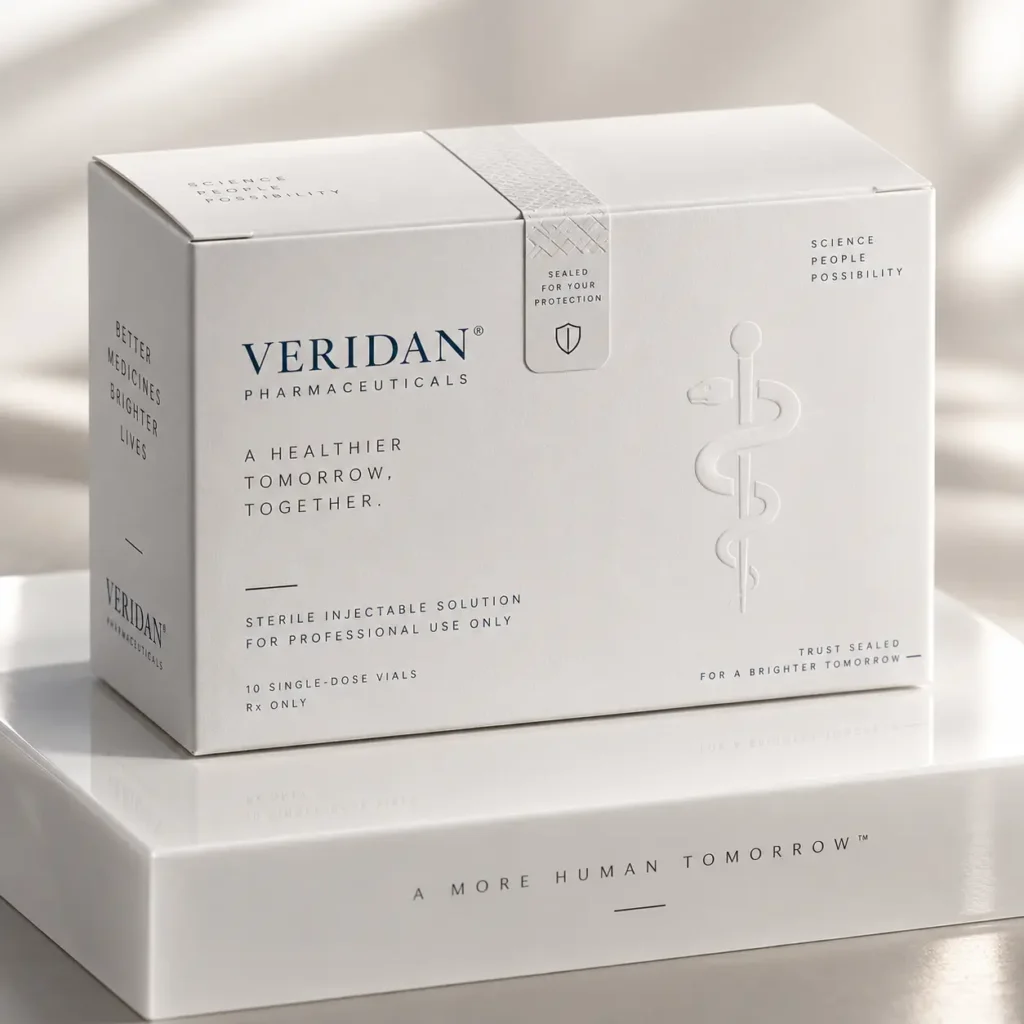 White pharmaceutical packaging box for Veridan Pharmaceuticals sterile injectable solution, elegant minimalist design with embossed caduceus