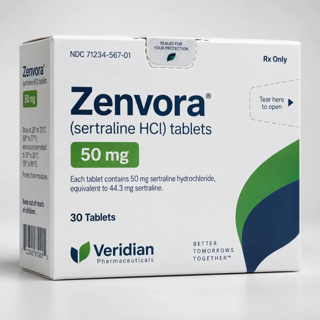 White pharmaceutical box of Zenvora sertraline HCl 50mg tablets by Veridian Pharmaceuticals with green and navy branding, 30 tablets