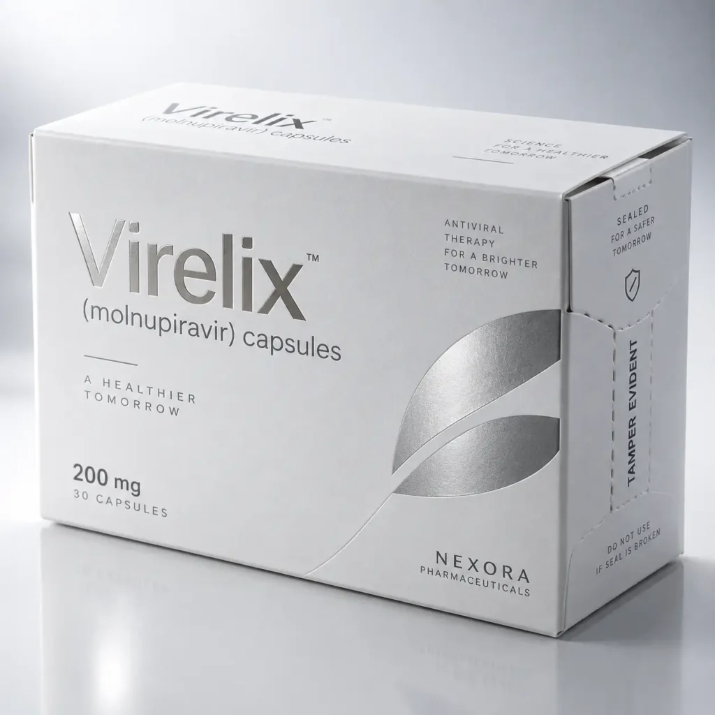 White pharmaceutical box of Virelix molnupiravir 200mg capsules by Nexora, minimalist silver design, tamper-evident packaging, studio shot