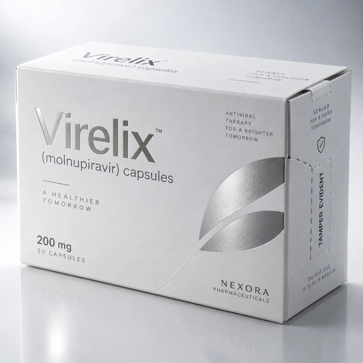 White pharmaceutical box of Virelix molnupiravir 200mg capsules by Nexora, minimalist silver design, tamper-evident packaging, studio shot