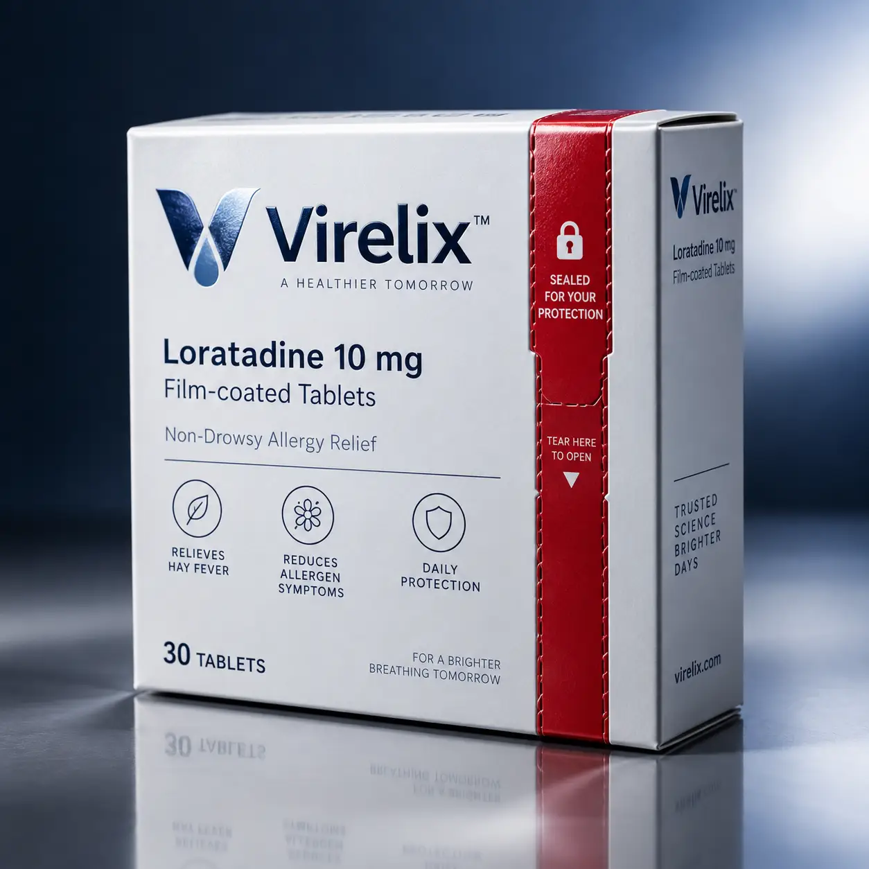 Virelix Loratadine 10mg allergy relief tablet box, white and red packaging, 30 film-coated tablets, professional pharmaceutical design