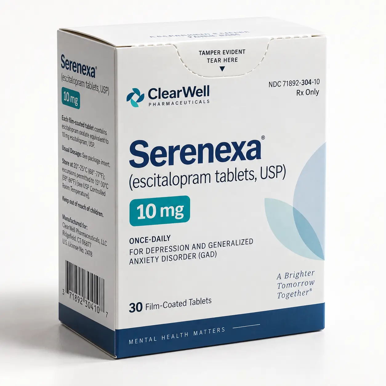 White pharmaceutical box of Serenexa 10mg escitalopram tablets by ClearWell Pharmaceuticals, navy blue and teal accents, 30 count