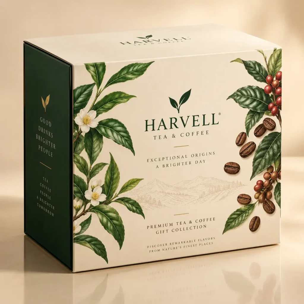 Harvell Tea & Coffee premium gift box packaging with botanical illustrations, coffee beans, white flowers, cream and dark green design