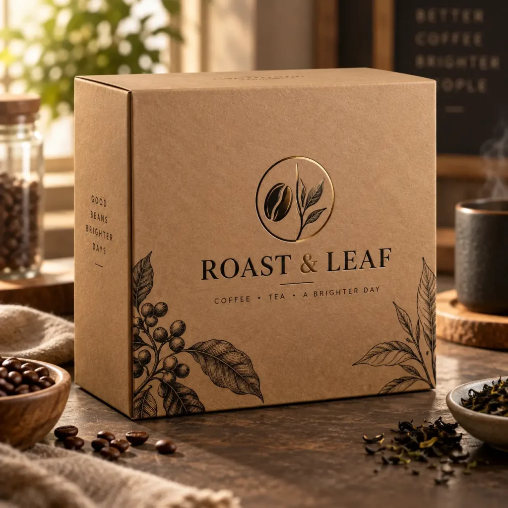 Kraft paper gift box with gold foil Roast & Leaf coffee tea branding, botanical illustrations, surrounded by beans and loose leaf tea