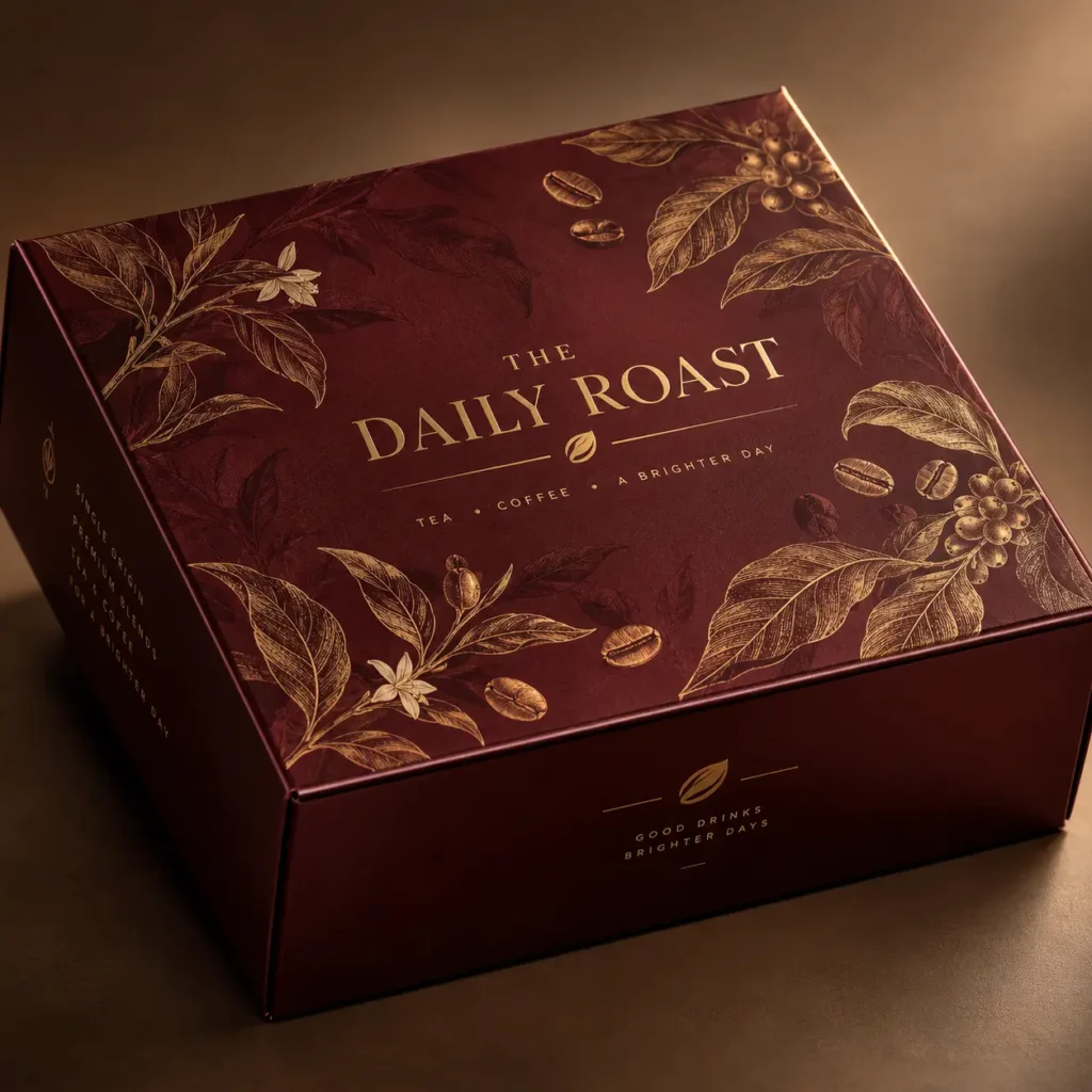 Luxury deep red coffee gift box with gold botanical illustrations, The Daily Roast tea and coffee premium packaging design