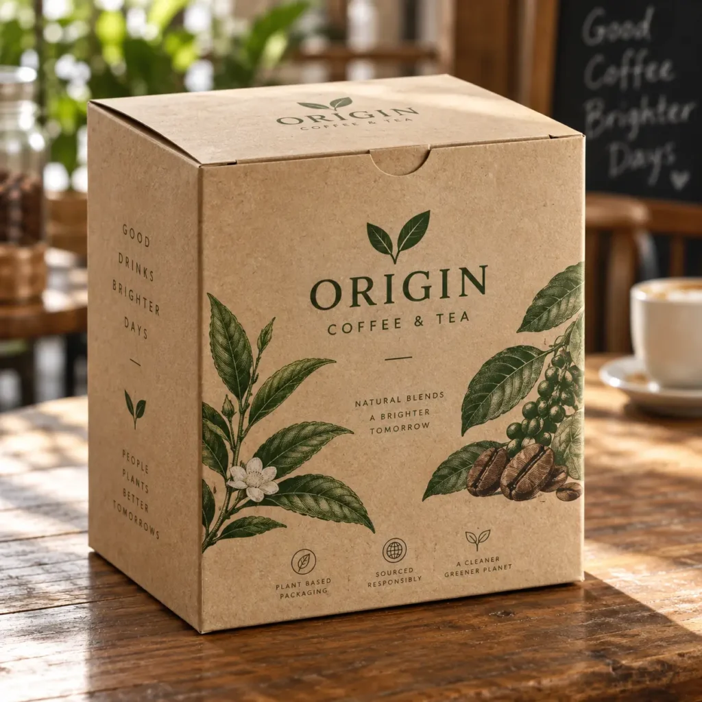 Kraft brown Origin Coffee & Tea eco-friendly box packaging with green botanical illustrations on rustic wooden table