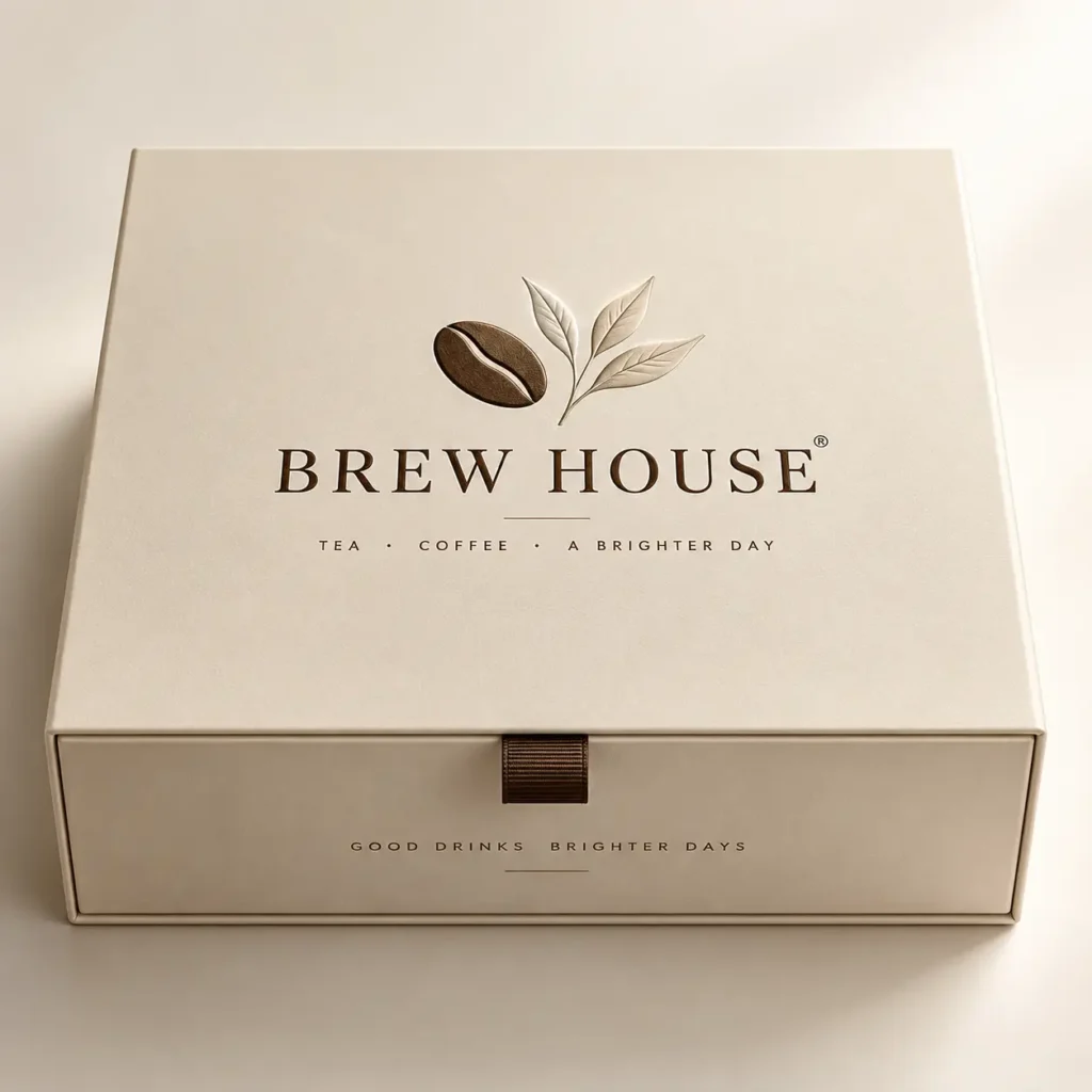 Elegant cream luxury gift box packaging for Brew House tea and coffee brand with embossed coffee bean leaf logo and brown ribbon