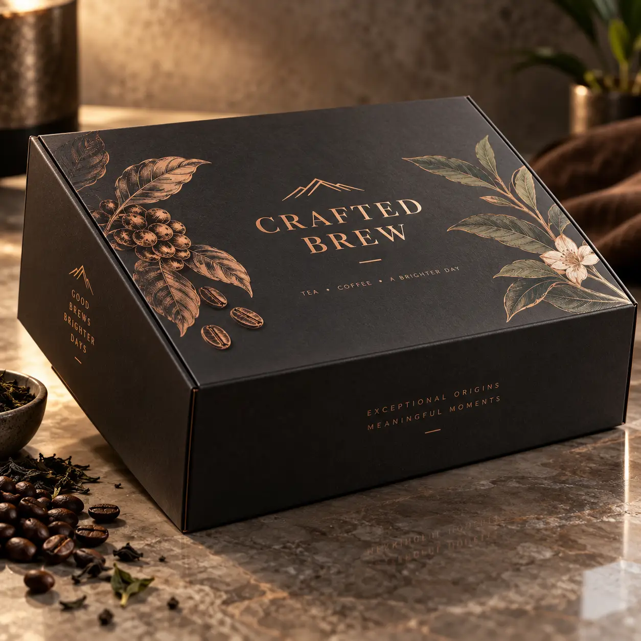 Luxury black coffee gift box with rose gold Crafted Brew branding, botanical illustrations, coffee beans scattered on marble surface