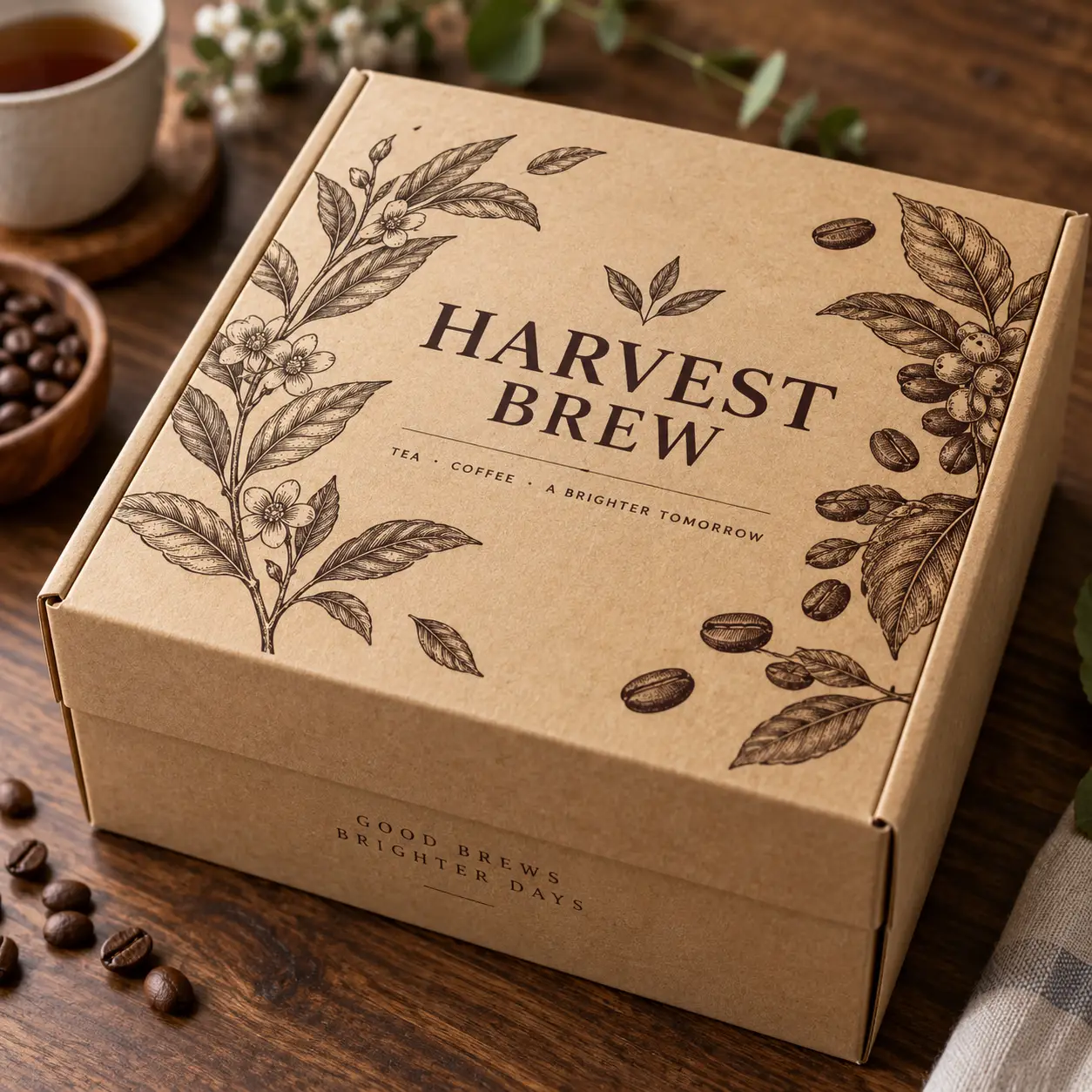 Kraft cardboard gift box with botanical coffee tea illustrations, Harvest Brew branding, rustic wood background, custom packaging design