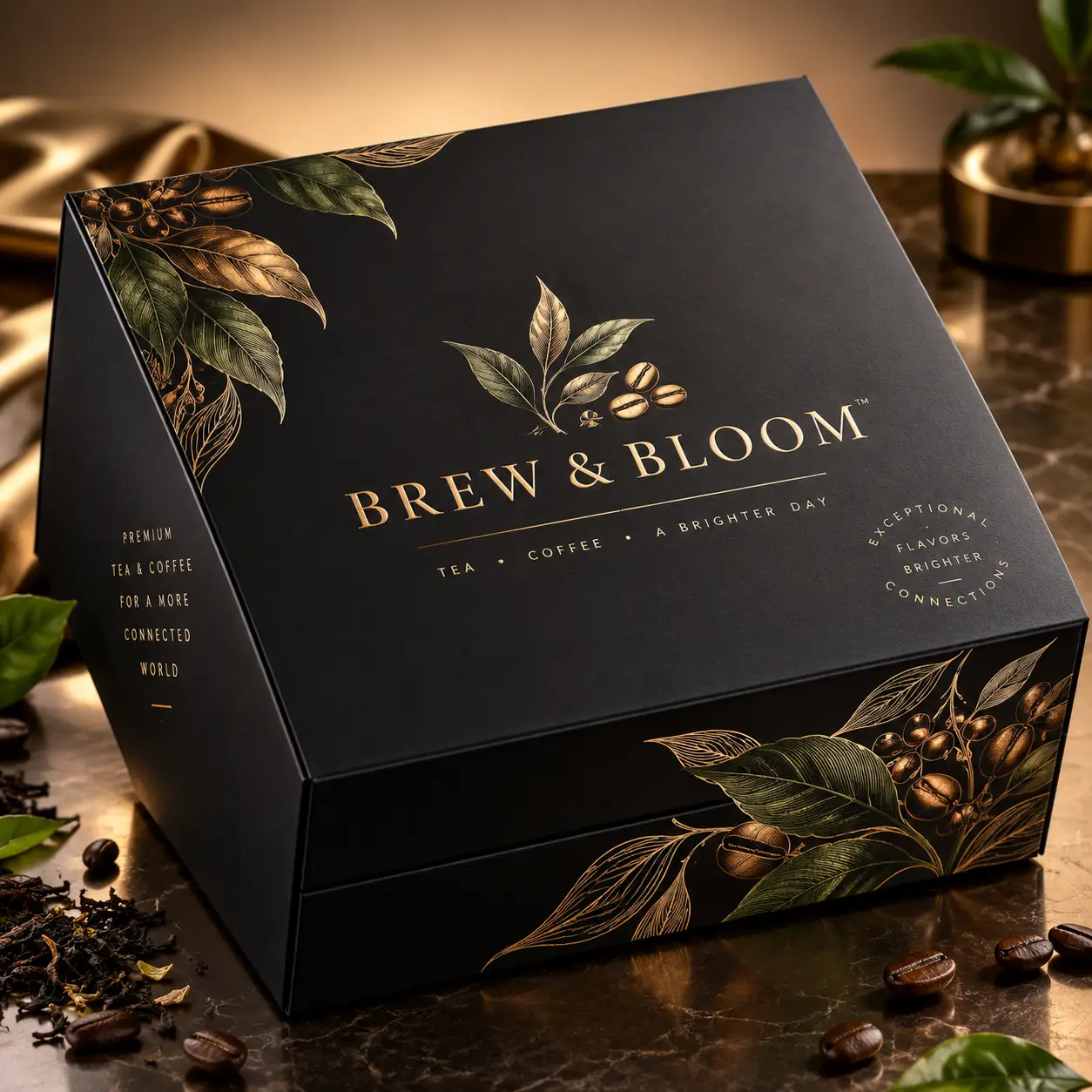 Luxury black gift box packaging for Brew & Bloom tea and coffee brand with gold botanical illustrations on marble surface