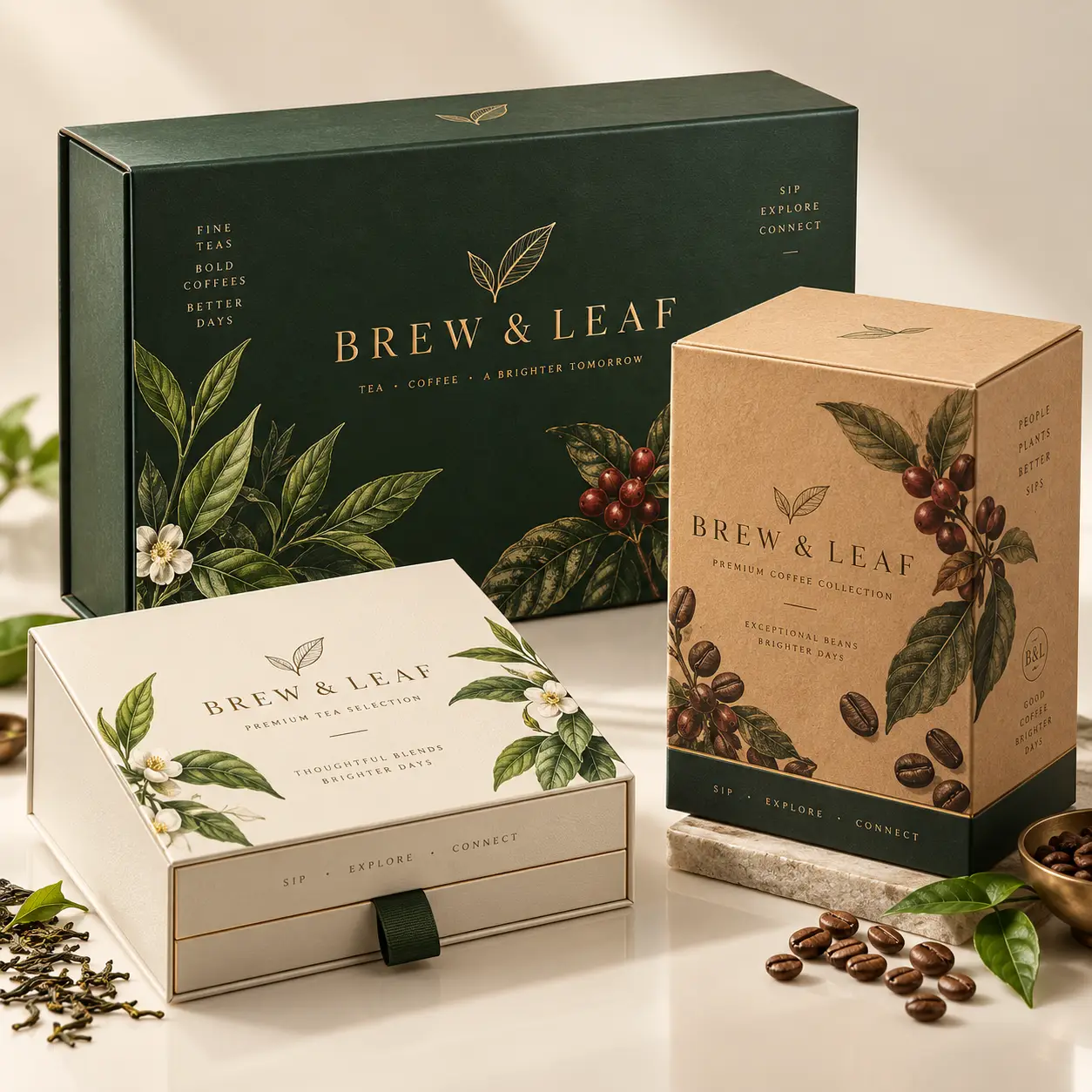 Brew & Leaf premium tea and coffee gift packaging set in dark green, cream, and kraft brown with botanical illustrations