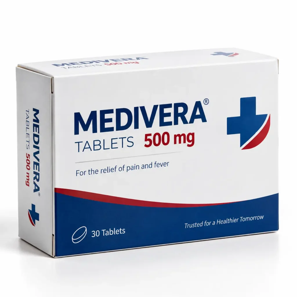 White Medivera 500mg pain relief tablet box with blue cross logo, 30 tablets, pharmaceutical packaging design