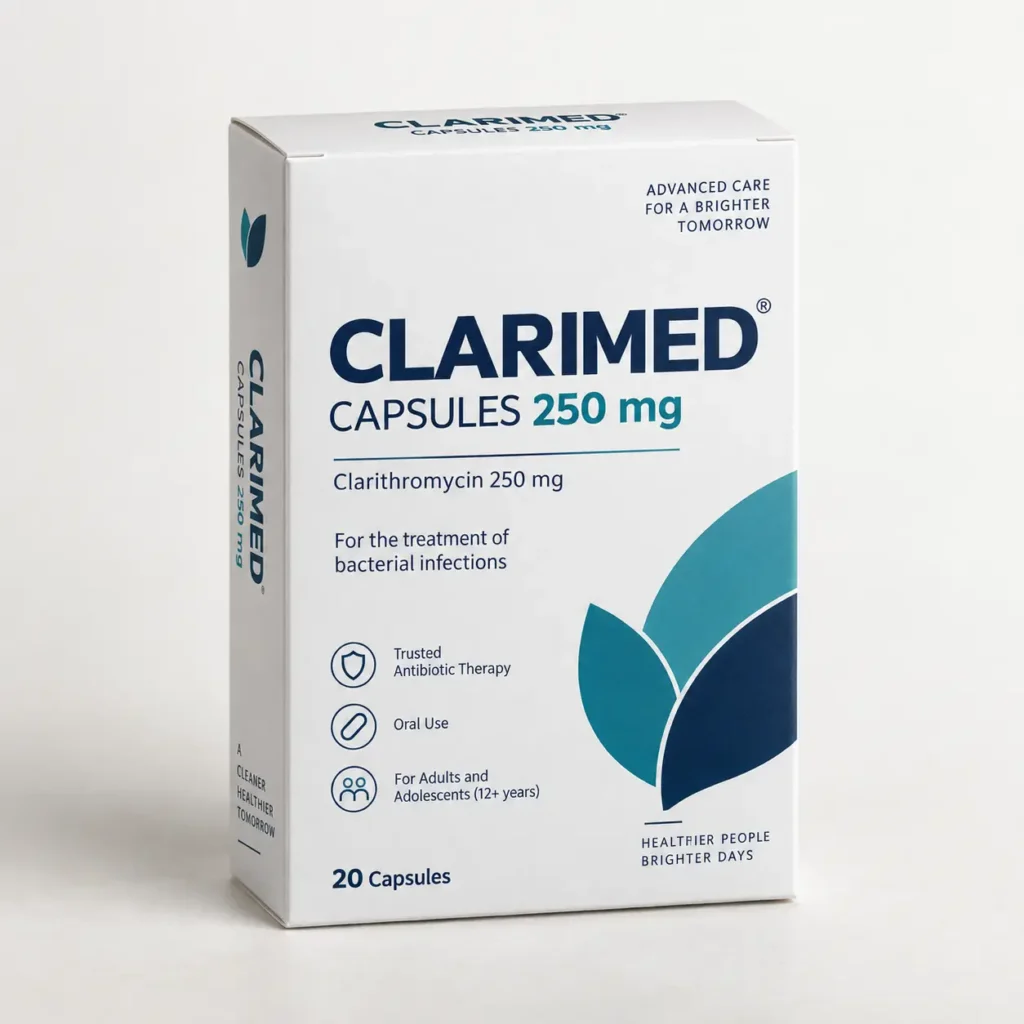 White Clarimed Clarithromycin 250mg antibiotic capsules box, teal leaf logo, pharmaceutical packaging design, 20 capsules