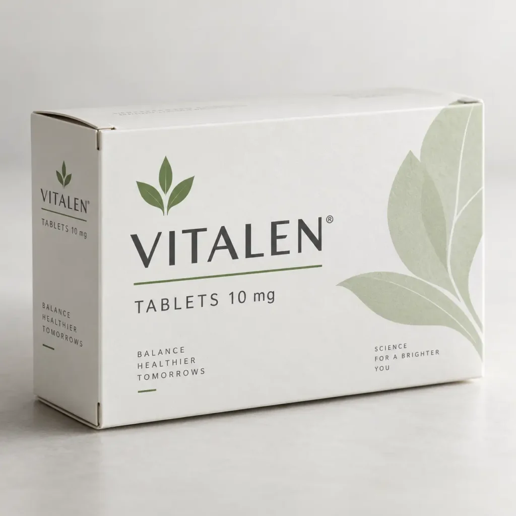 White pharmaceutical medicine box packaging for Vitalen 10mg tablets with green leaf logo on clean minimalist design