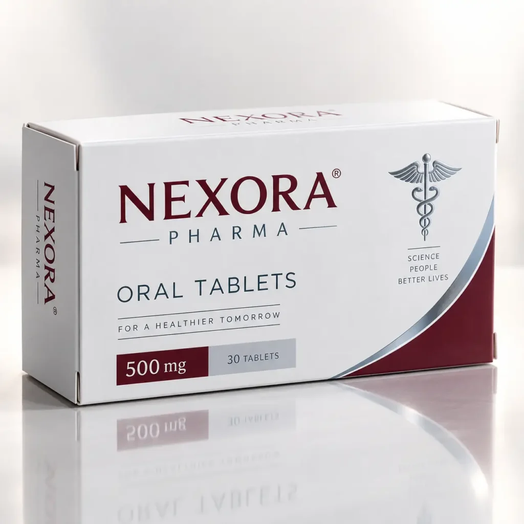 White pharmaceutical box Nexora Pharma 500mg oral tablets with burgundy accents and caduceus symbol on reflective surface
