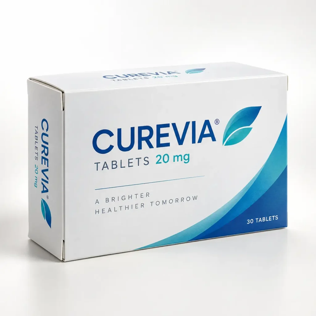 White pharmaceutical box packaging for Curevia 20mg tablets, blue gradient wave design, leaf logo, 30 tablets, clean medical branding