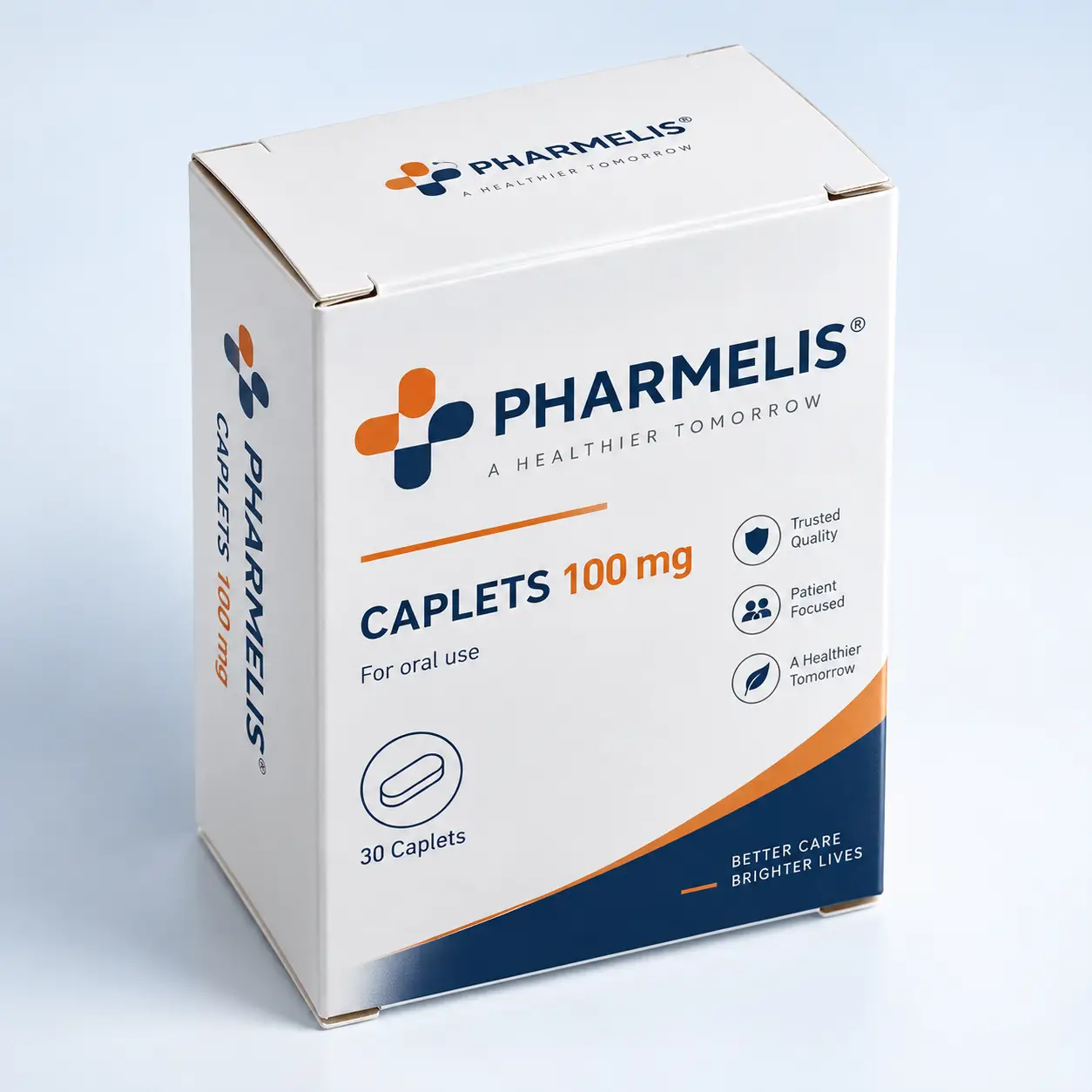 White Pharmelis pharmaceutical caplet box 100mg, 30 count, navy blue orange branding, clean medical packaging design