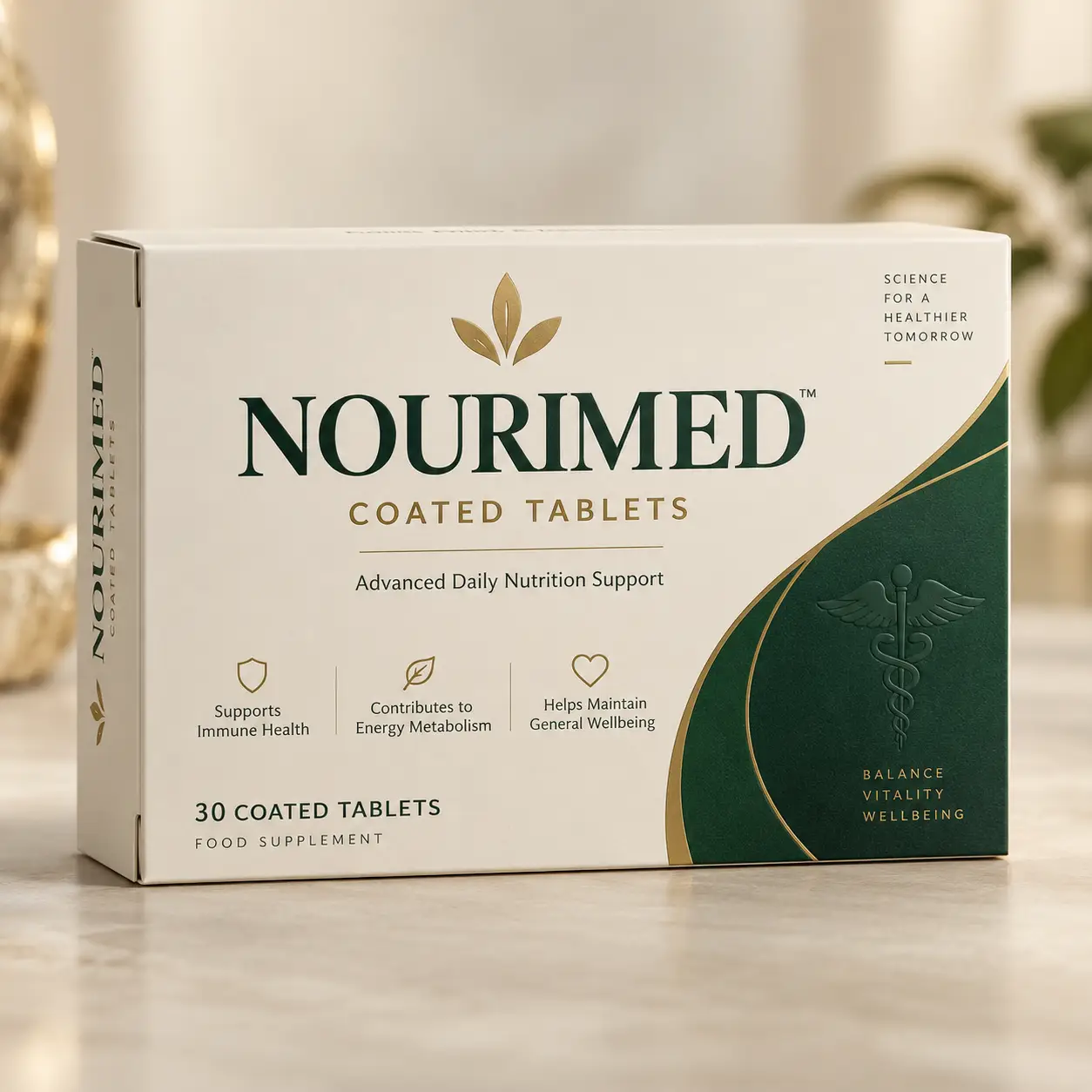 Nourimed coated tablets supplement box in white and dark green with gold accents, 30 tablets, marble surface