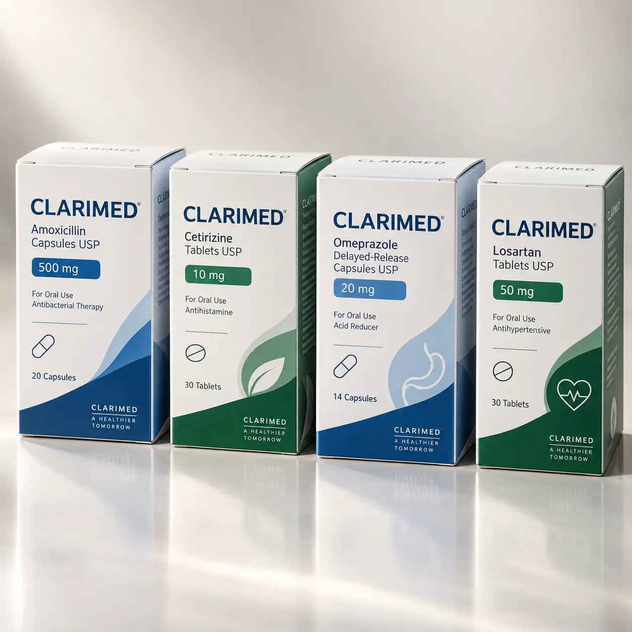 Four white Clarimed pharmaceutical boxes displaying Amoxicillin, Cetirizine, Omeprazole, Losartan in blue-green professional packaging design