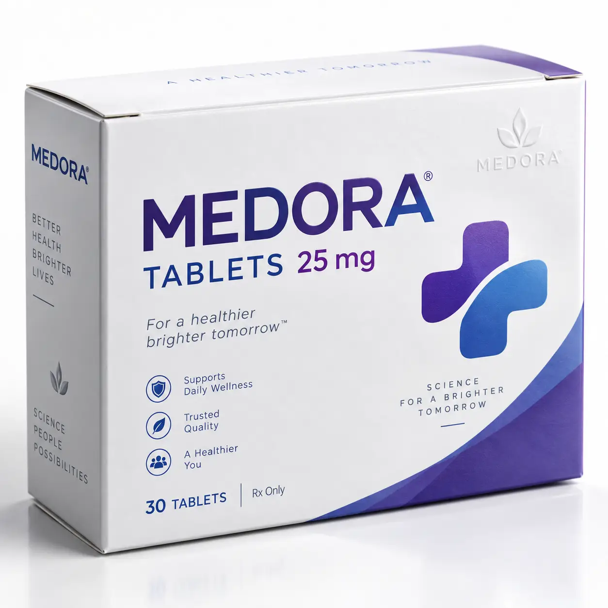 White and purple Medora 25mg prescription tablet box packaging, 30 tablets, Rx only, professional pharmaceutical design