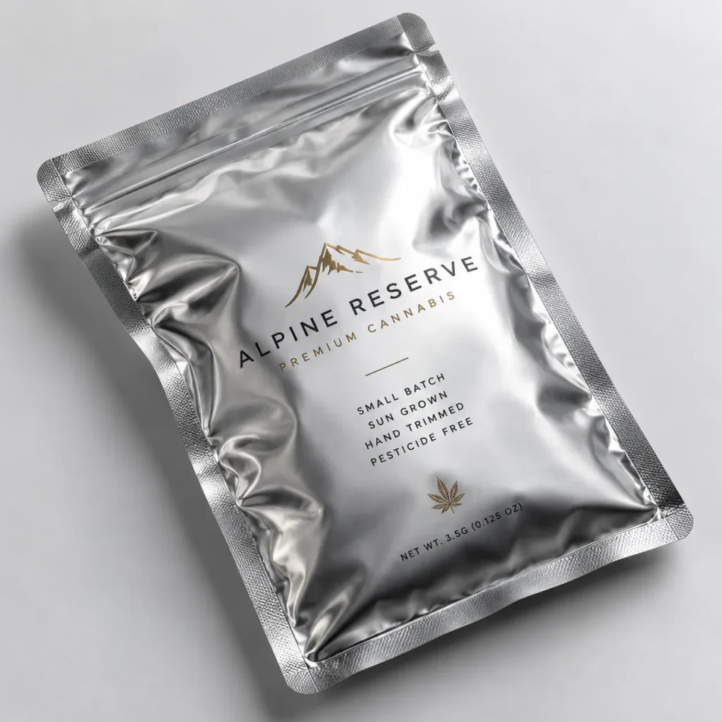 Silver mylar cannabis packaging bag for Alpine Reserve Premium Cannabis, 3.5g, small batch sun grown, hand trimmed, pesticide free