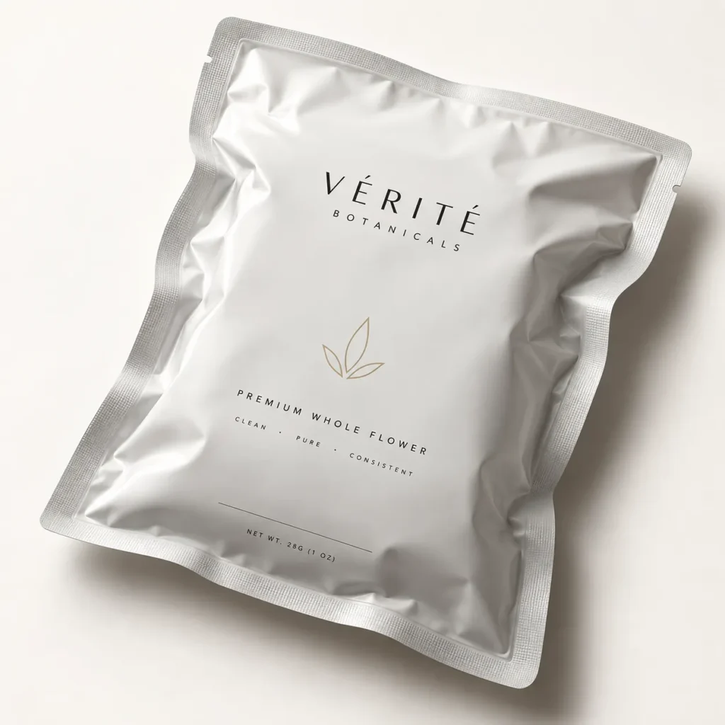White premium mylar bag packaging design for Vérité Botanicals whole flower, clean minimal branding, 28g, flat lay