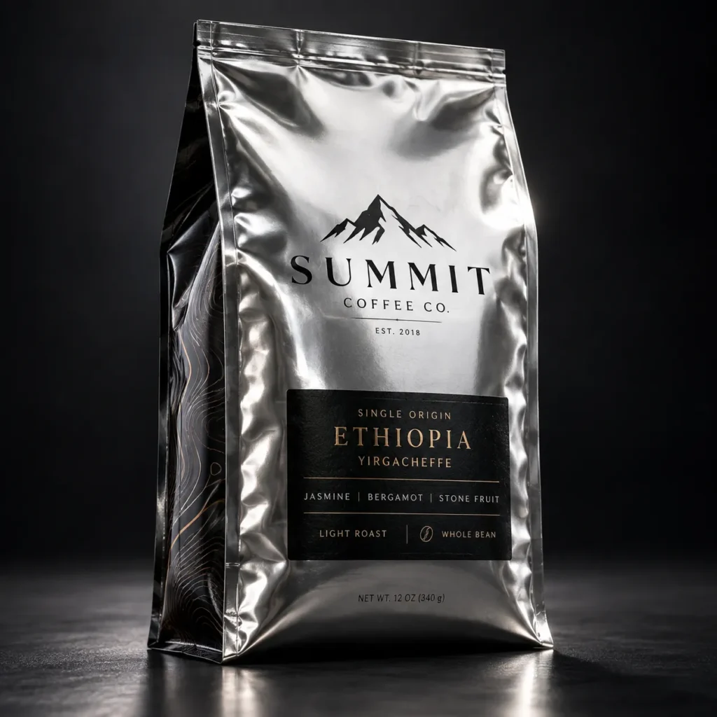 Silver metallic coffee bag packaging for Summit Coffee Co. Ethiopia Yirgacheffe light roast, black label, gold typography, dark background