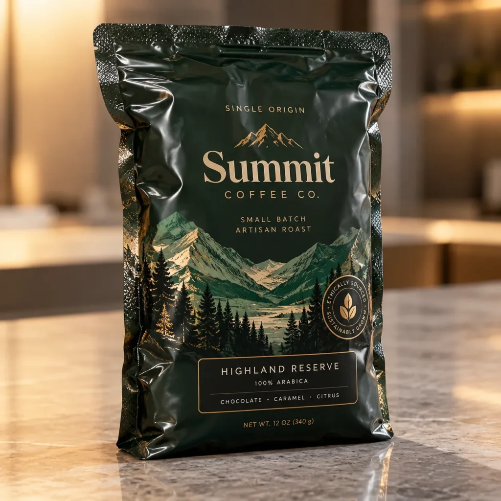 Dark green Summit Coffee Co Highland Reserve 12oz artisan roast bag with gold mountain illustration on marble counter