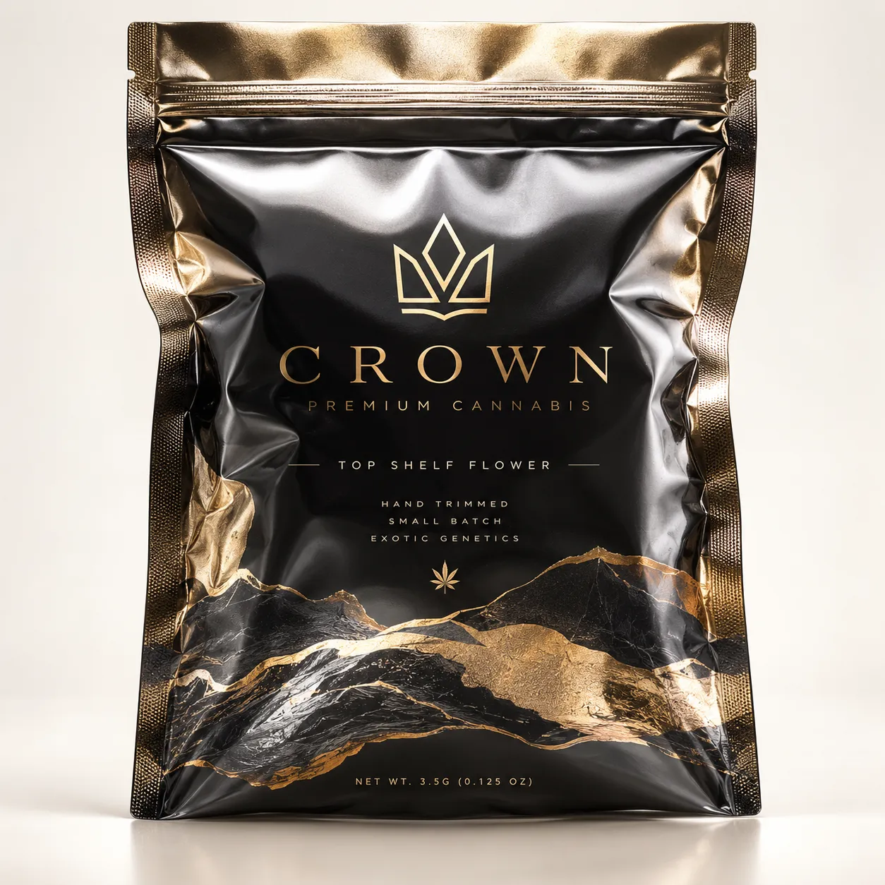 Luxury black and gold cannabis mylar bag packaging for Crown Premium Cannabis, featuring marble design and crown logo, 3.5g