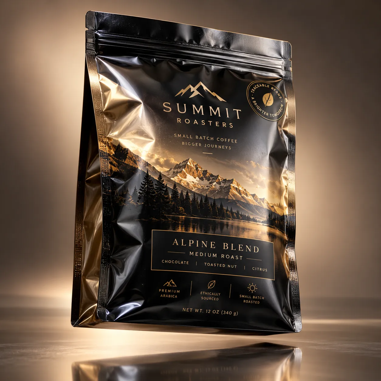 Black glossy coffee bag packaging design for Summit Roasters Alpine Blend medium roast with gold mountain landscape print