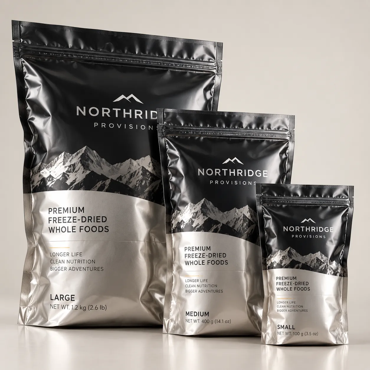 Three Northridge Provisions black silver freeze-dried food pouches in small medium large sizes displayed on white surface