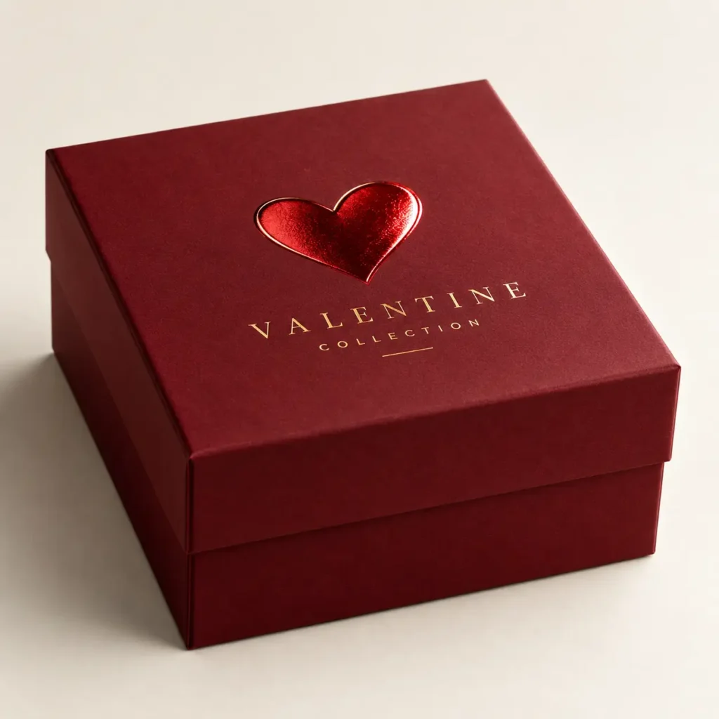 Luxury deep red Valentine Collection gift box with metallic heart embossing and gold foil lettering, elegant premium packaging design