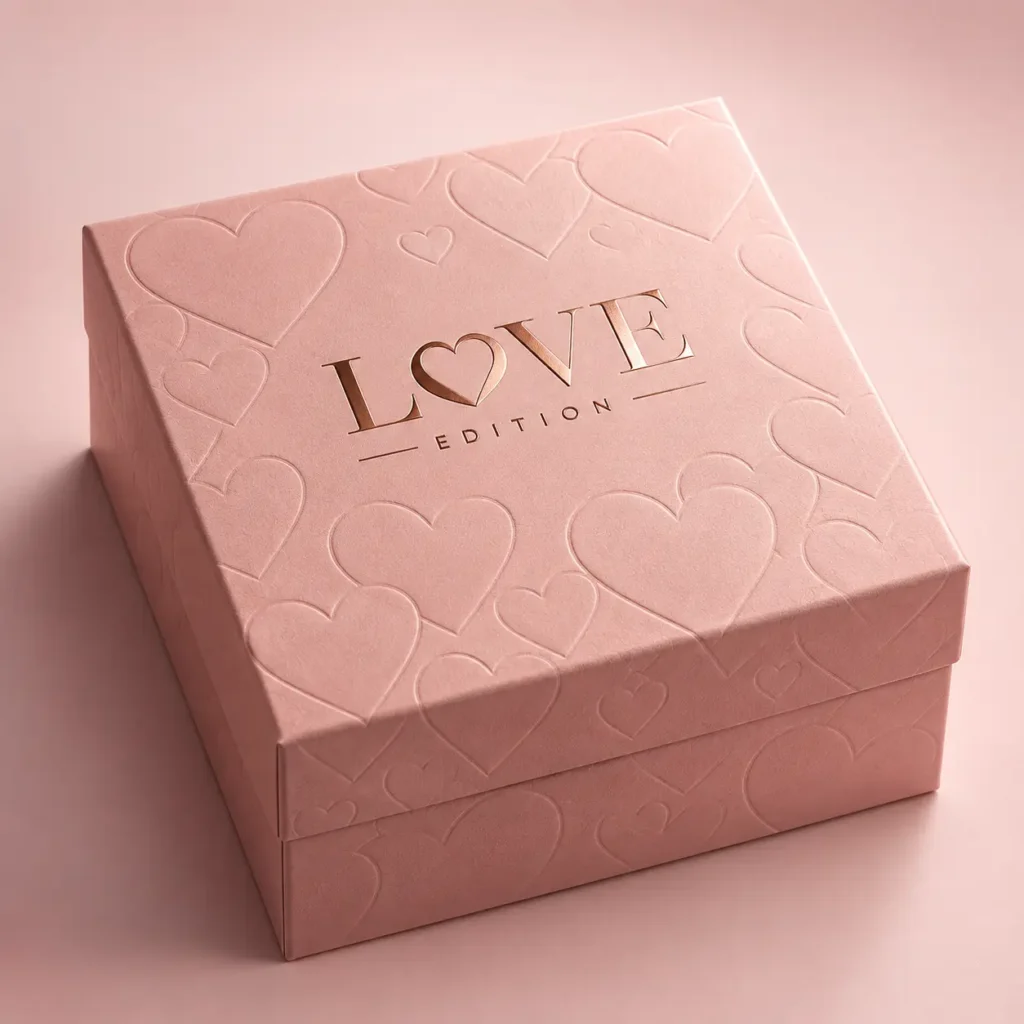 Pink heart-embossed Love Edition gift box with rose gold foil logo, luxury Valentine's Day packaging by The Packaging Masters