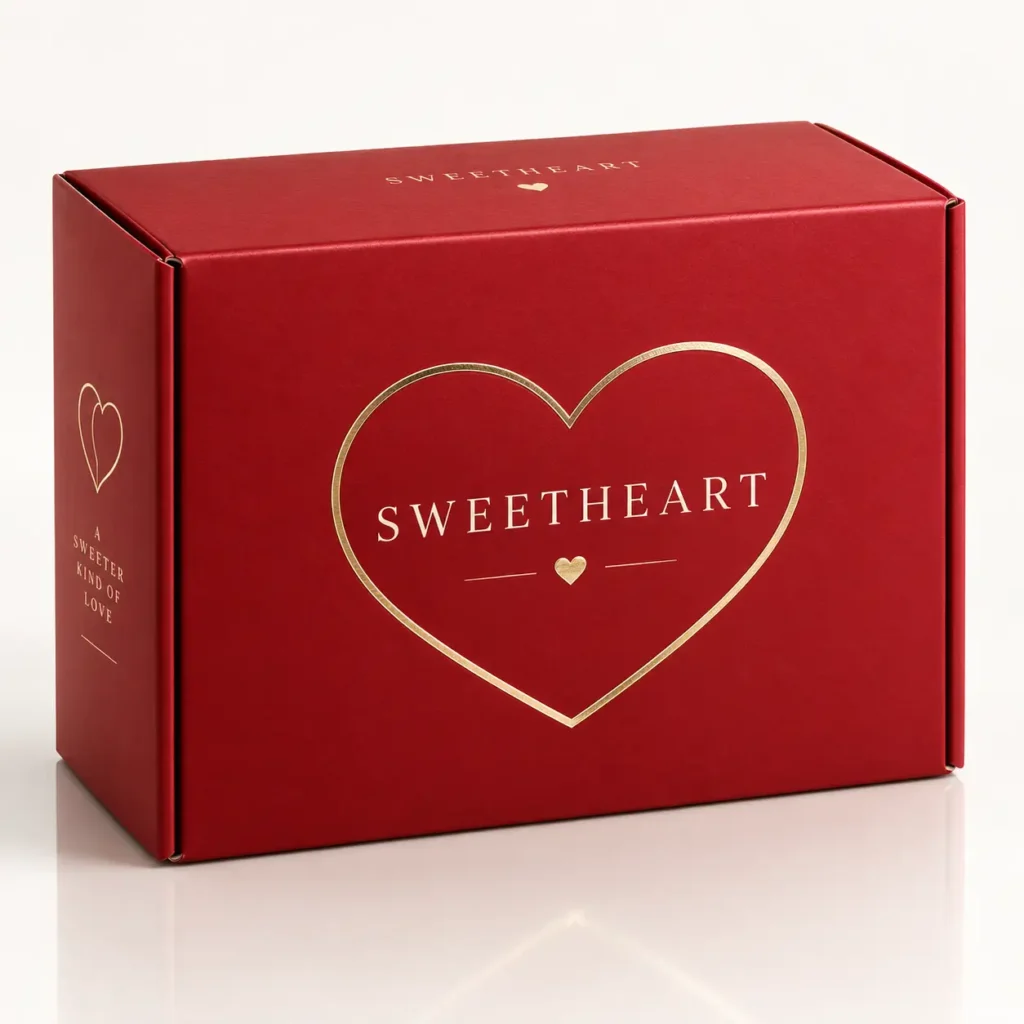 Red Valentine gift box with gold foil heart and Sweetheart text, premium custom packaging design by The Packaging Masters