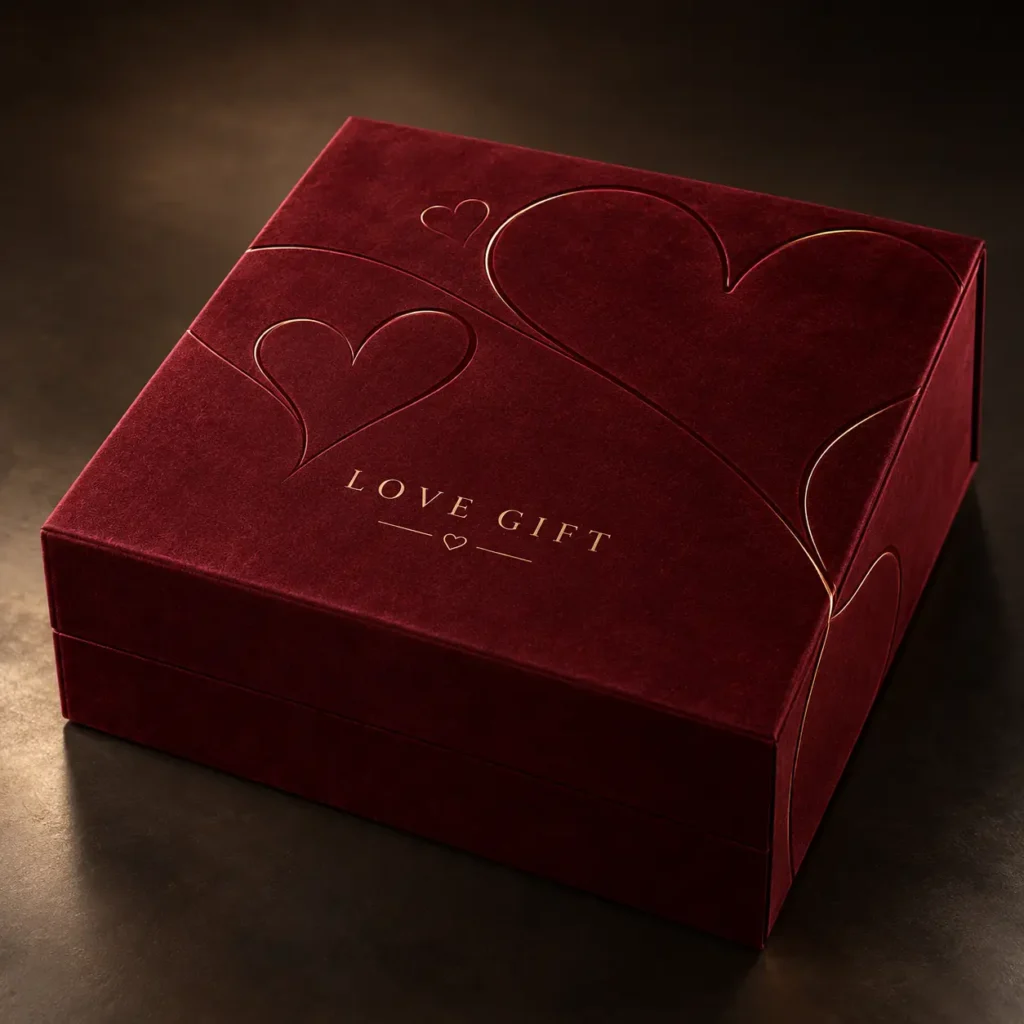 Luxury deep red velvet Love Gift box with gold heart embossing, elegant Valentine's Day premium gift packaging design