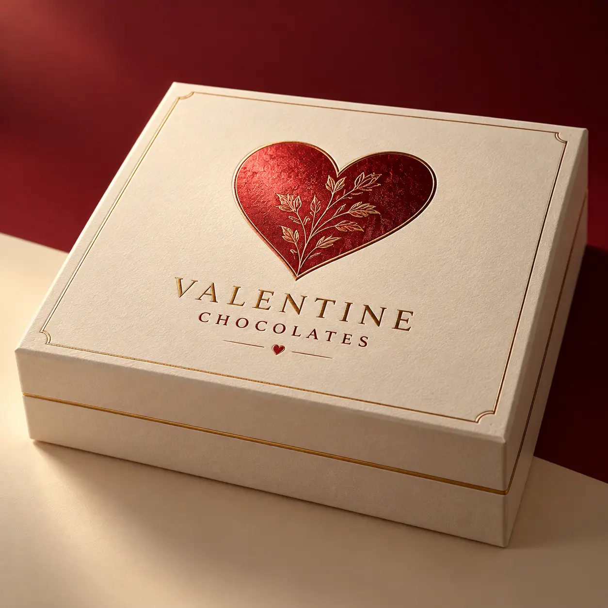 Luxury Valentine chocolate gift box with red heart gold floral design on cream packaging by The Packaging Masters