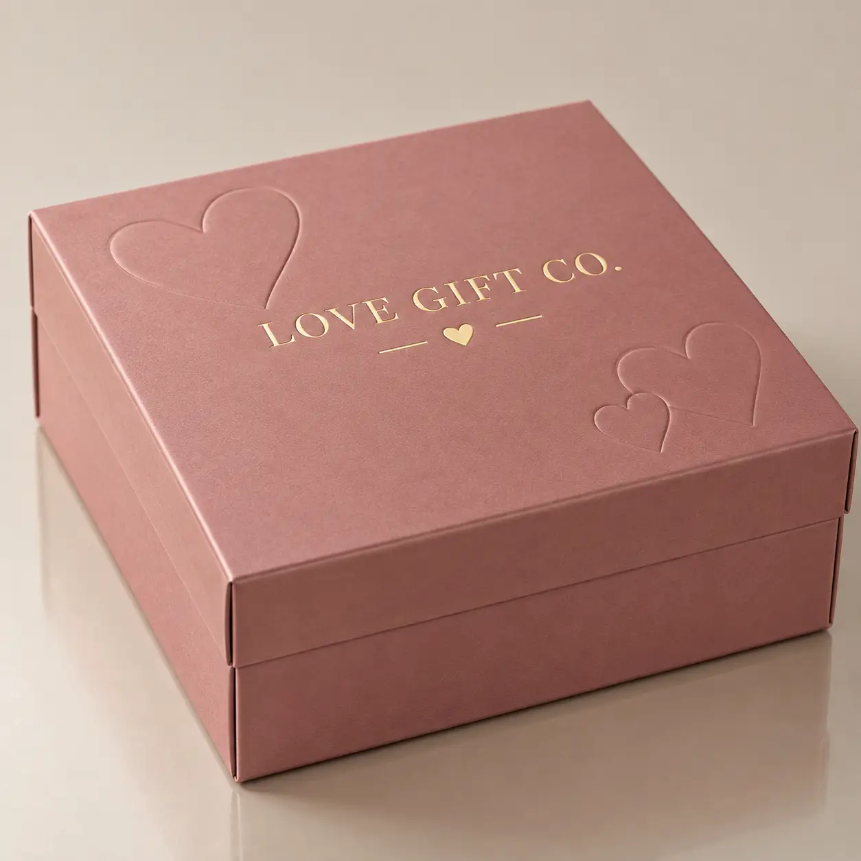 Dusty rose luxury gift box with gold foil Love Gift Co. branding and embossed hearts, elegant custom packaging design