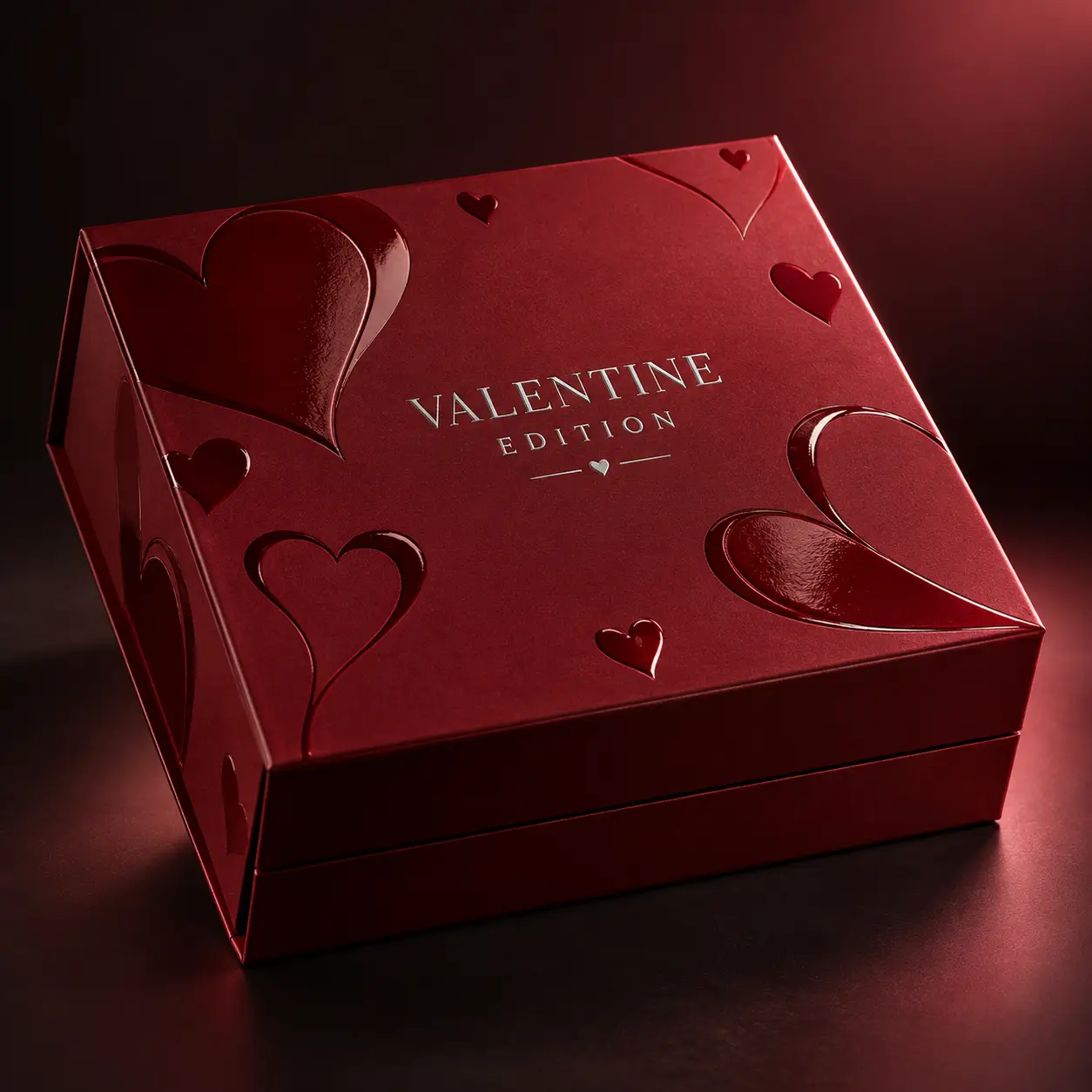 Luxury red Valentine Edition gift box with embossed hearts, glossy accents, elegant gold typography, premium custom packaging design