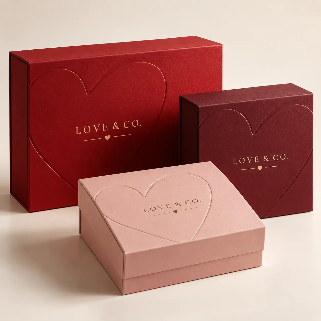 Three Love & Co. luxury gift boxes in red, burgundy, and blush pink with embossed heart designs and gold foil branding