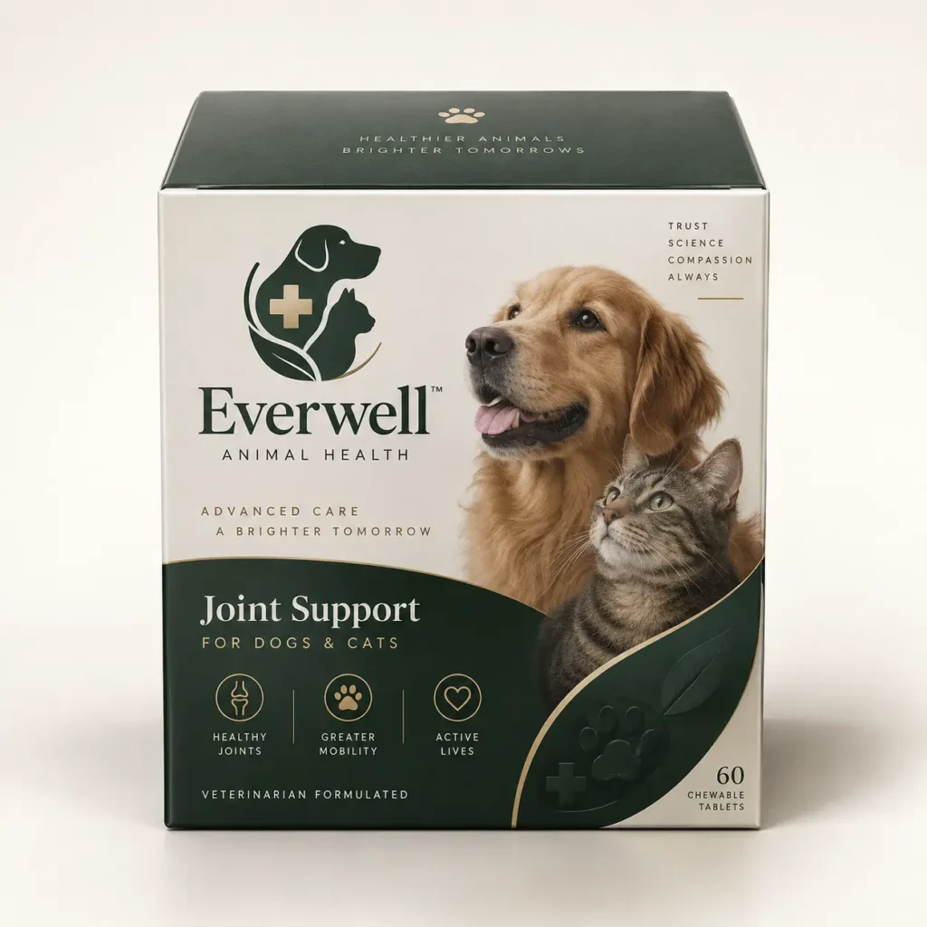 Everwell Animal Health Joint Support supplement box for dogs and cats, 60 chewable tablets, dark green and white pet product packaging