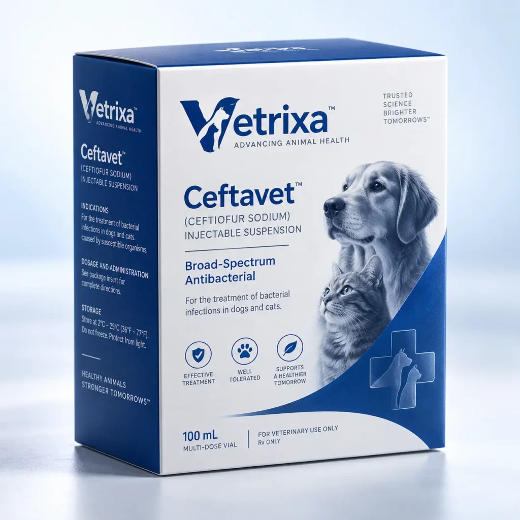 Vetrixa Ceftavet ceftiofur sodium injectable suspension navy blue white veterinary pharmaceutical packaging box for dogs and cats