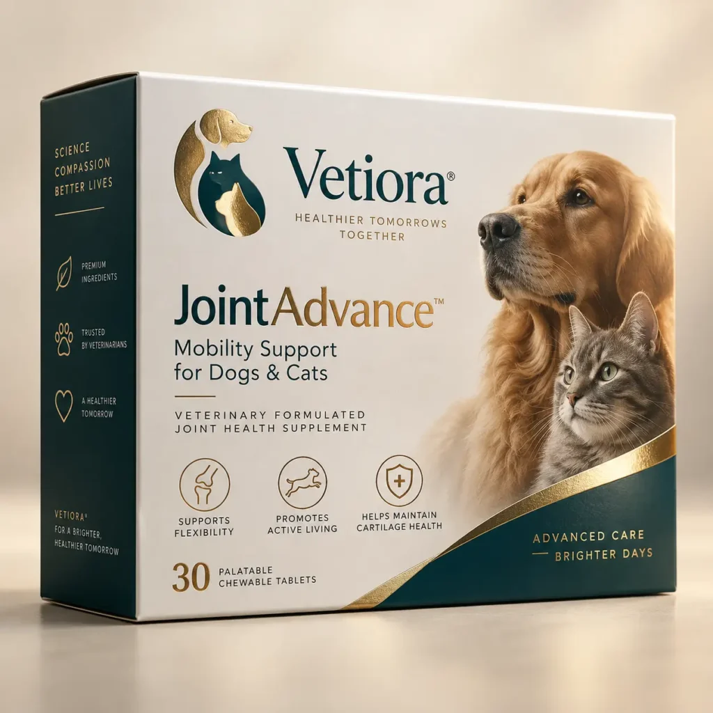 Vetiora JointAdvance white gold teal pet supplement box with golden retriever and tabby cat, 30 chewable tablets