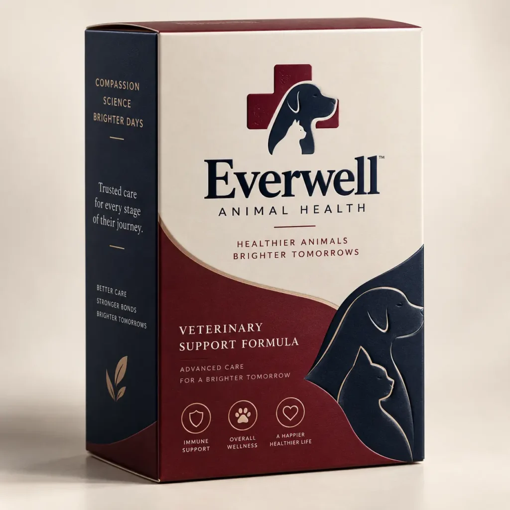 Everwell Animal Health veterinary support formula box, navy and burgundy, immune support for dogs and cats packaging design