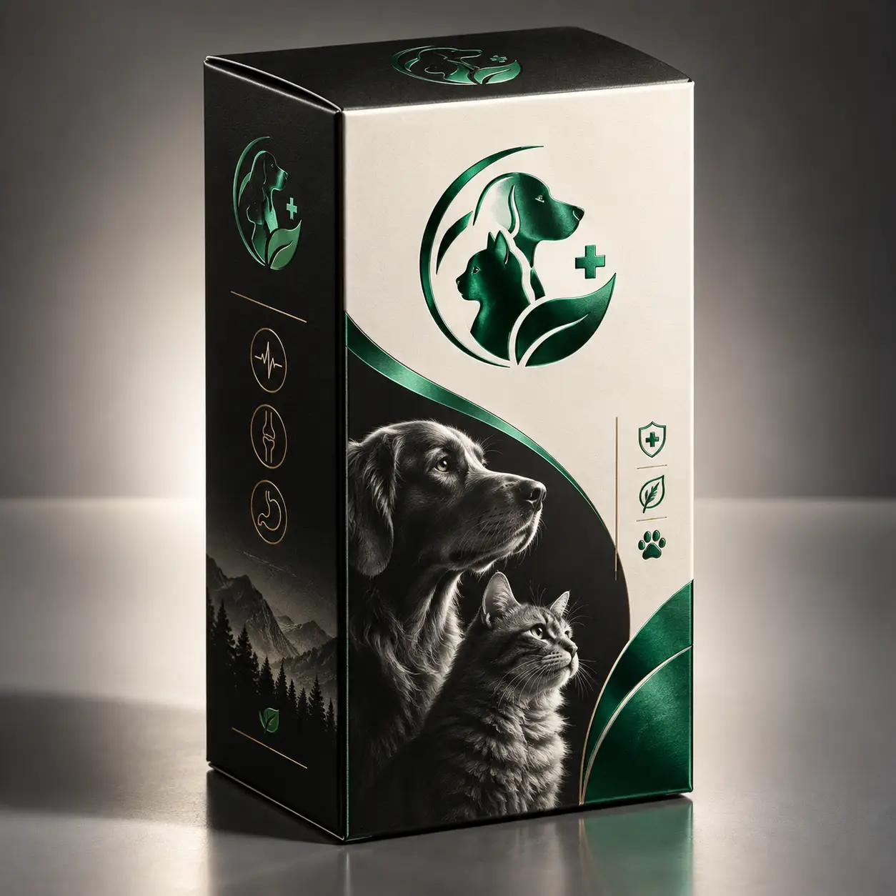 Premium pet health supplement box packaging, black and green design with dog and cat illustration, medical cross logo, forest backdrop