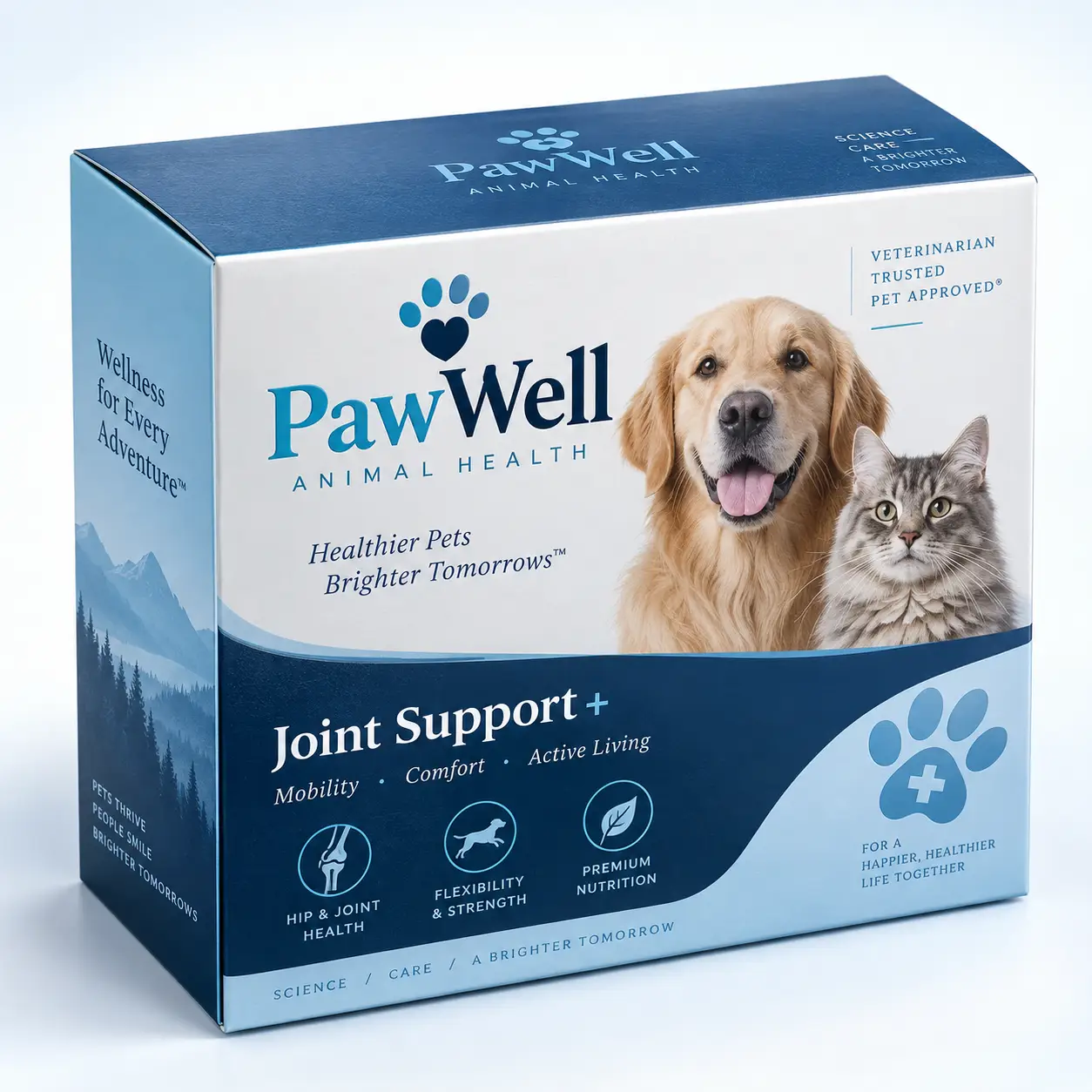 PawWell Animal Health Joint Support+ pet supplement box featuring golden retriever, gray cat, navy blue and white packaging design
