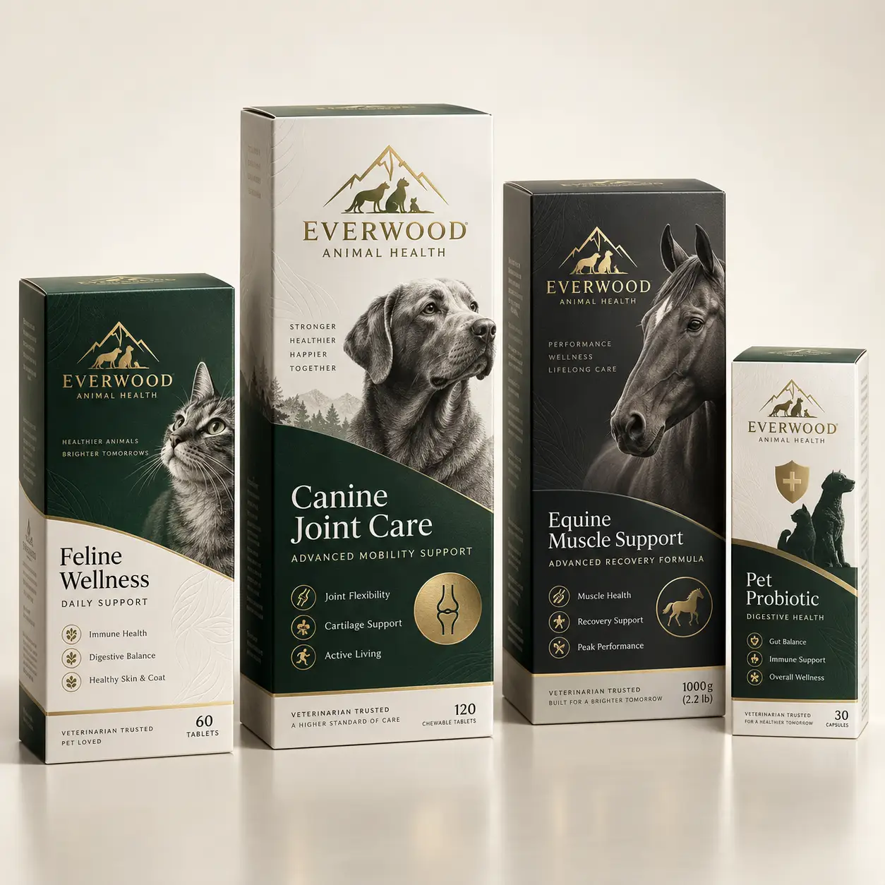Everwood Animal Health product line featuring Feline Wellness, Canine Joint Care, Equine Muscle Support, and Pet Probiotic boxes in green and gold ...