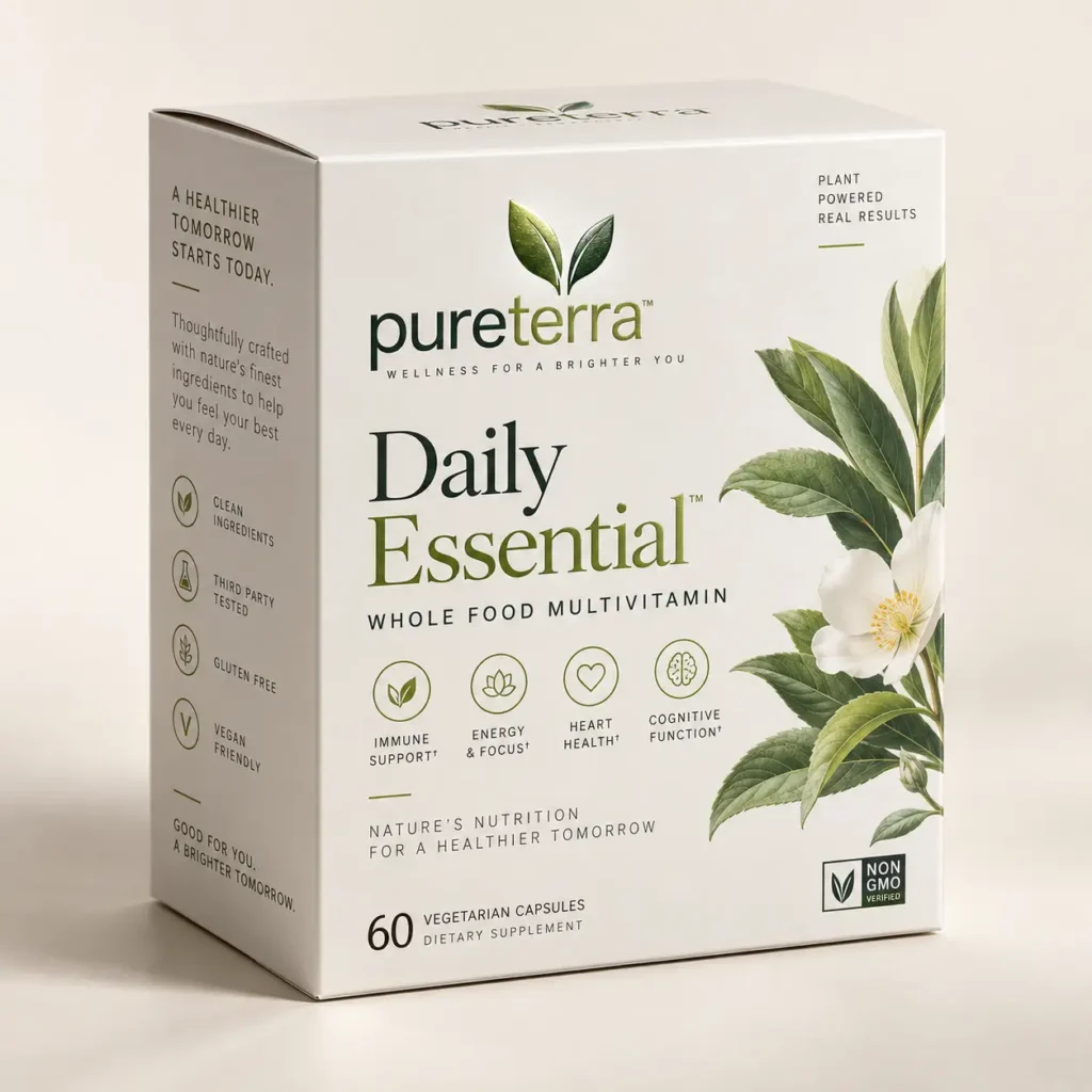 PureTerra Daily Essential whole food multivitamin box, white packaging, green botanical illustration, 60 vegetarian capsules, non-GMO verified