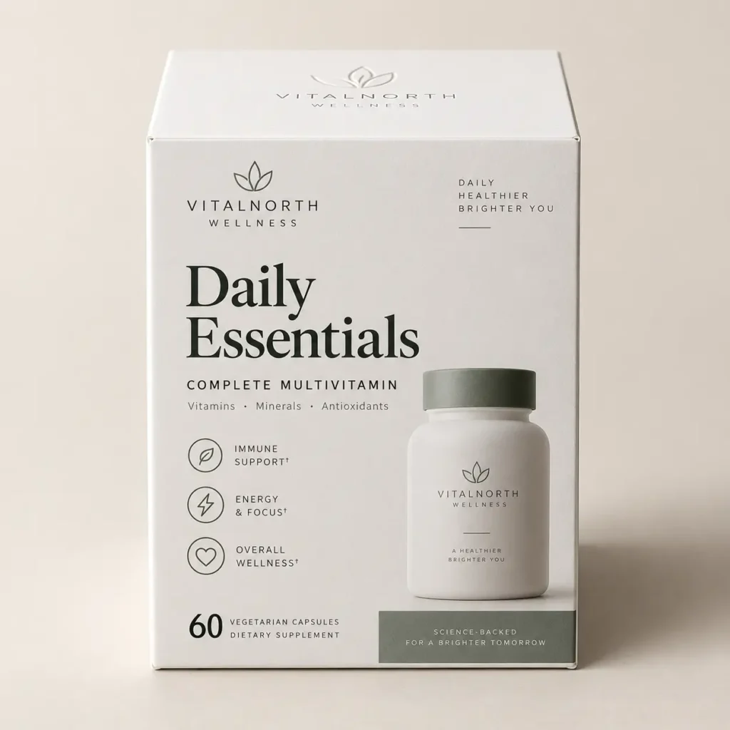 VitalNorth Wellness Daily Essentials multivitamin white box with sage green bottle, minimalist supplement packaging design