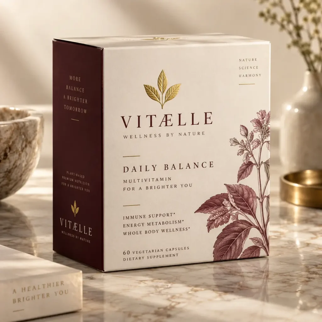 Vitaelle Daily Balance multivitamin box in cream and burgundy on marble, botanical illustration, premium supplement packaging design